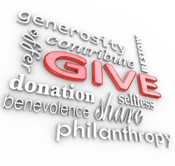 Word art creating context for tithes and offering: give, share, contribute, generosity.